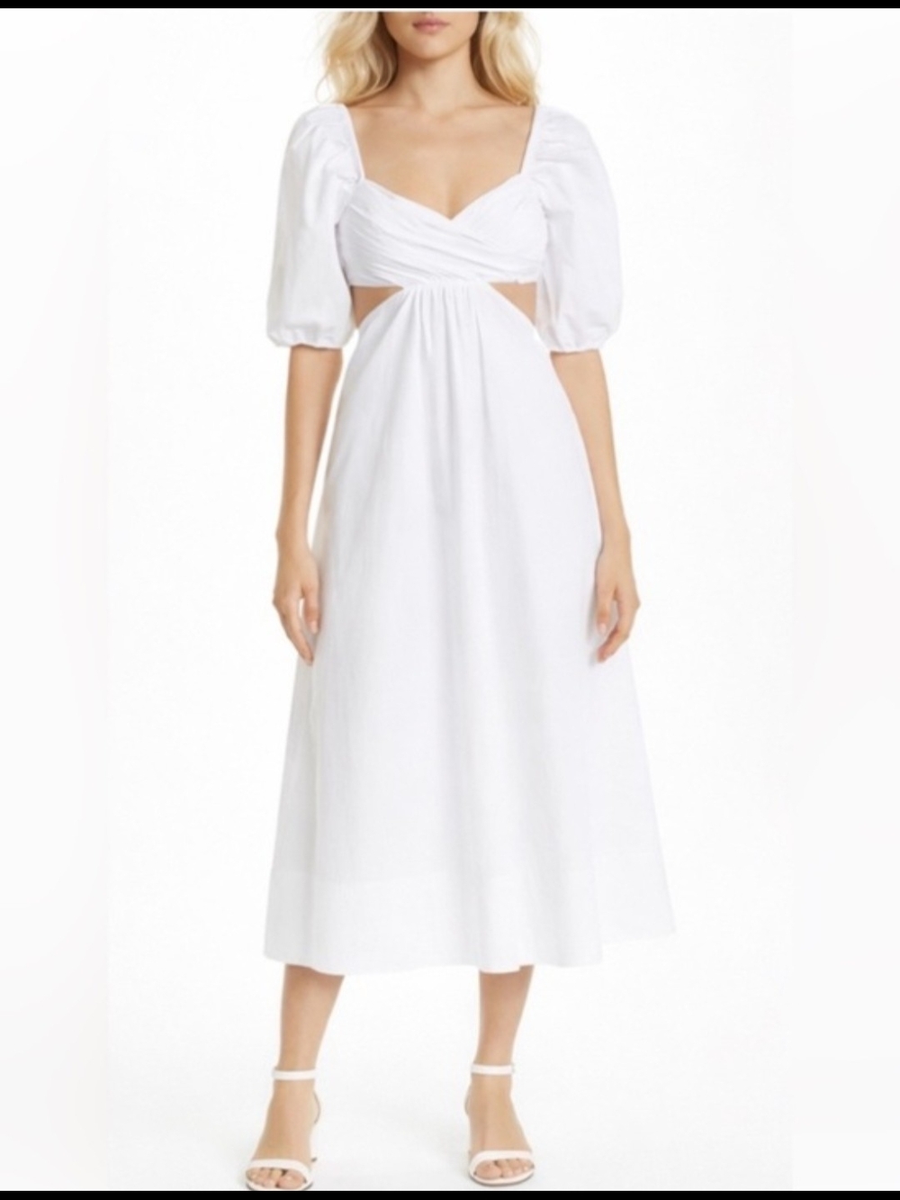 STAUD Carina White Cutout Puff-Sleeve Midi Dress Cotton